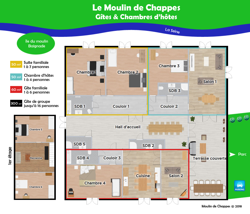 Plan gîte et chambre d'hôtes au Moulin